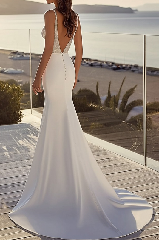 Mermaid Ivory Satin Sweep Train V Neck Long Wedding Dress