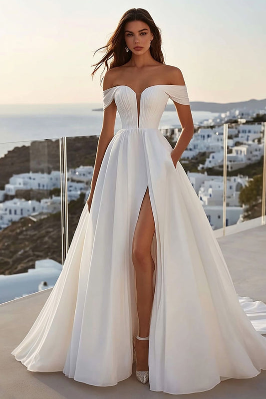 A Line Simple Ivory Sweep Train Off the Shoulder Wedding Dress with Slit