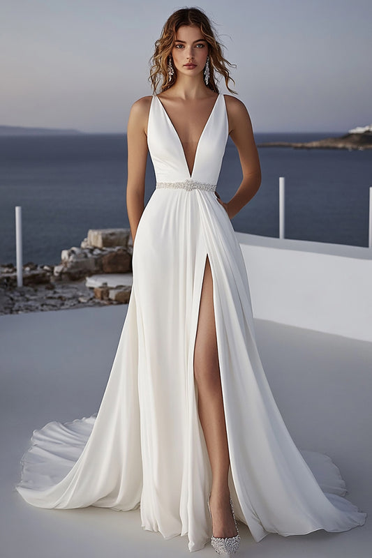 Ivory A Line Deep V-Neck Long Wedding Dress with Slit
