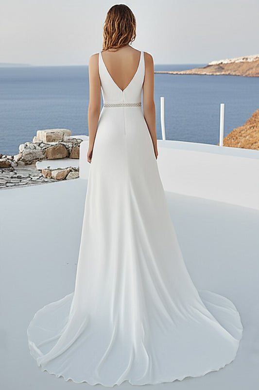 Ivory A Line Deep V-Neck Long Wedding Dress with Slit