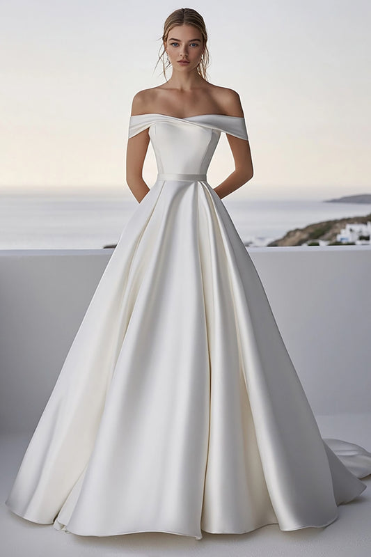 Ivory A Line Satin Off the Shoulder Long Wedding Dress