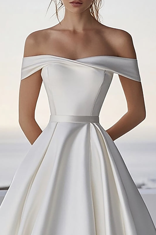 Ivory A Line Satin Off the Shoulder Long Wedding Dress