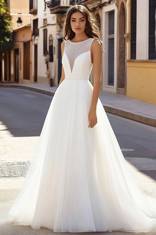 Ivory A Line Illusion Scoop Neck Long Tulle Wedding Dress