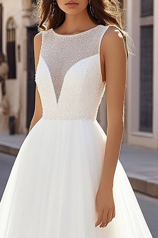 Ivory A Line Illusion Scoop Neck Long Tulle Wedding Dress