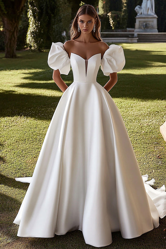 Ivory A Line Sweep Train Long Satin Wedding Dress with Puff Sleeves