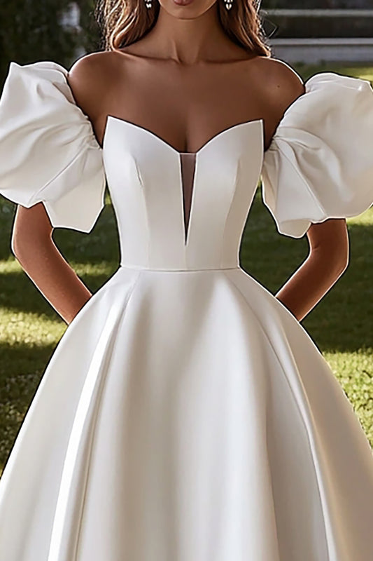 Ivory A Line Sweep Train Long Satin Wedding Dress with Puff Sleeves