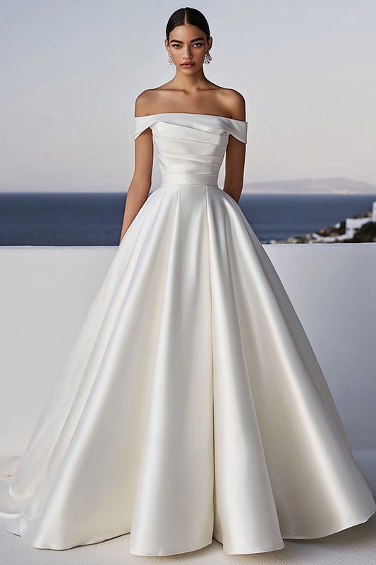 A Line Ivory Off the Shoulder Long Satin Wedding Dress