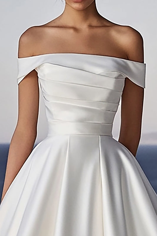 A Line Ivory Off the Shoulder Long Satin Wedding Dress