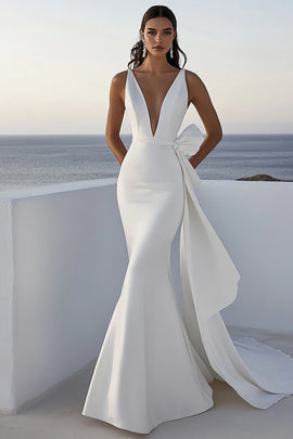 Mermaid Ivory Satin Long Deep V-Neck Wedding Dress
