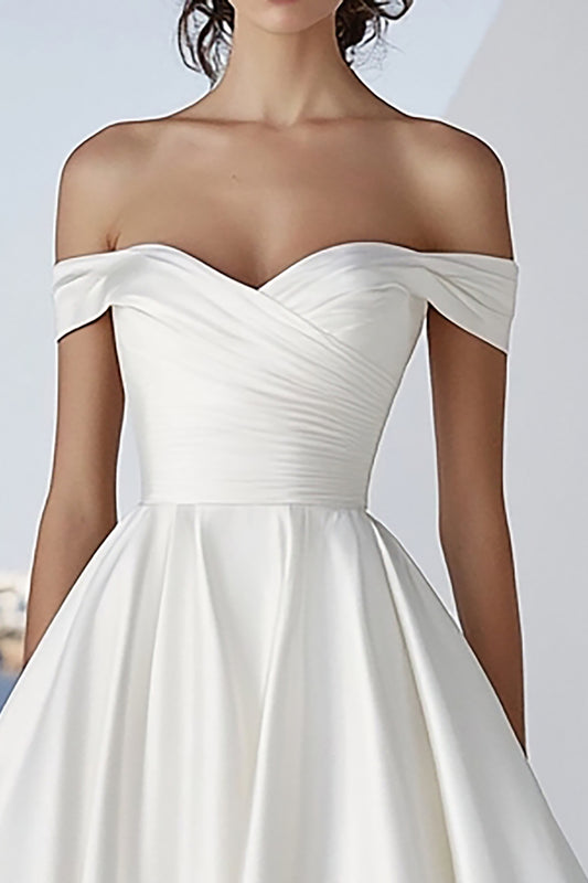 Ivory A Line Off the Shoulder Long Ruched Wedding Dress
