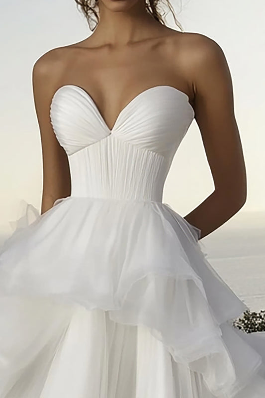 Ivory A Line Tulle Long Sweetheart Wedding Dress with Ruffles