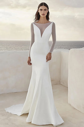 Ivory Sheath Sweep Train Satin Wedding Dress with Long Sleeves