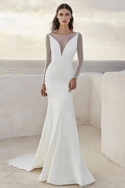 Ivory Sheath Sweep Train Satin Wedding Dress with Long Sleeves