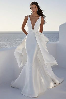 Ivory Streamer Satin Deep V-Neck Long Wedding Dress