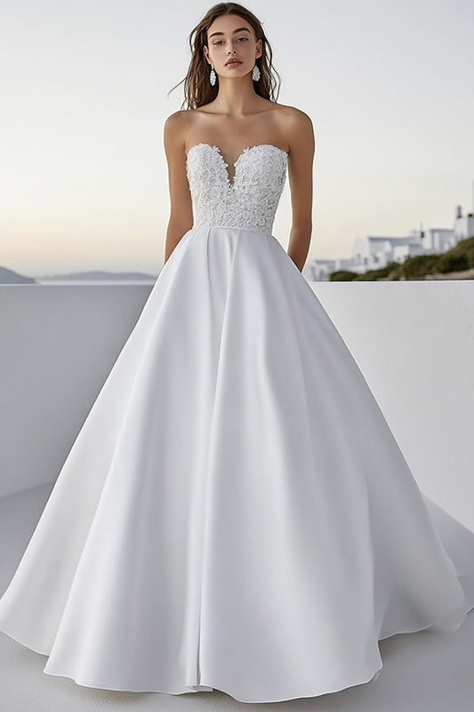 Ivory A Line Satin Strapless Long Lace Wedding Dress