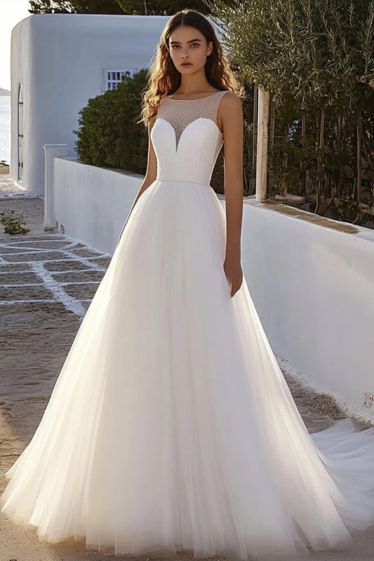 Ivory A Line Tulle Long Illusion Neck Wedding Dress