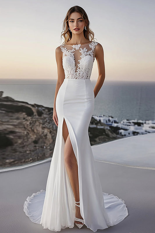 Ivory Mermaid Sweep Train Lace Wedding Dress with Slit