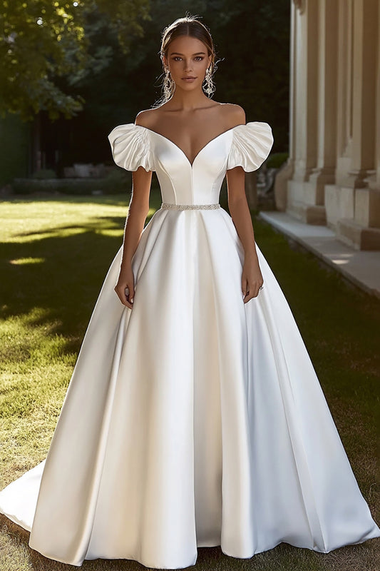 Ivory Satin Sweep Train Off the Shoulder Wedding Dress