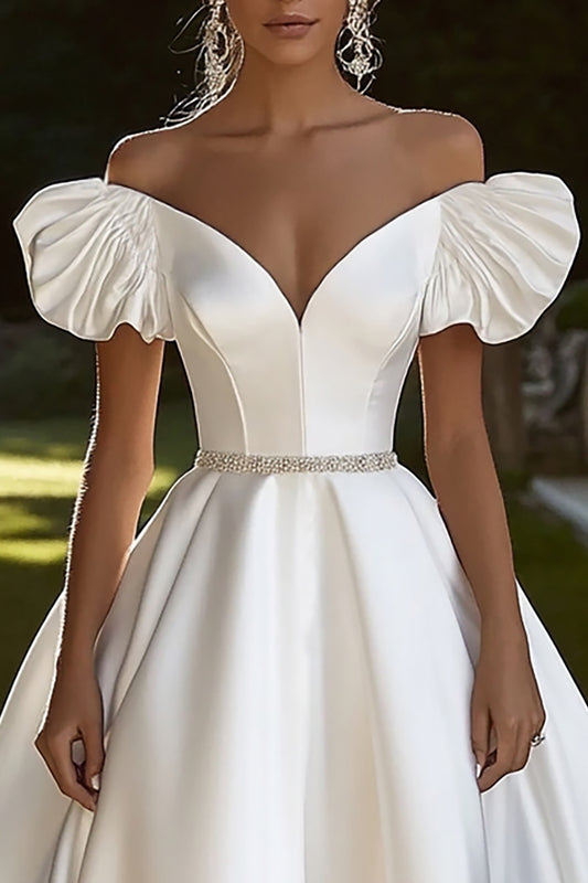 Ivory Satin Sweep Train Off the Shoulder Wedding Dress