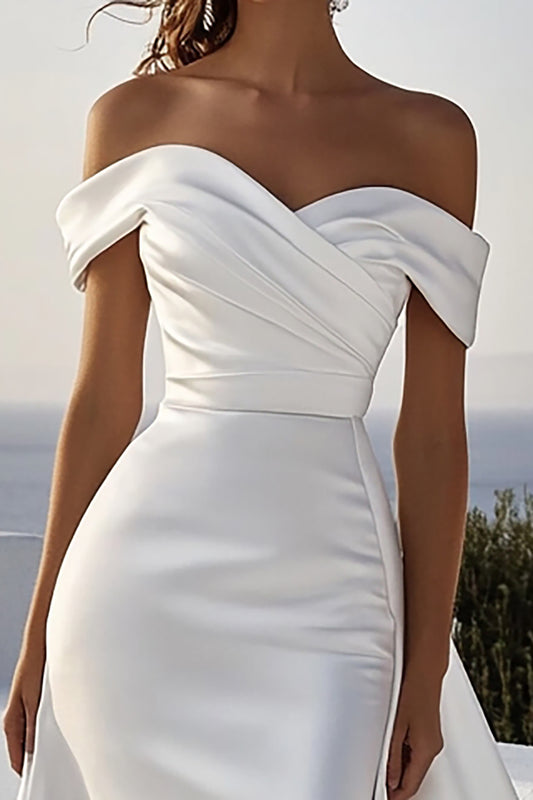 Ivory Satin Off the Shoulder Ruched Sweep Train Wedding Dress