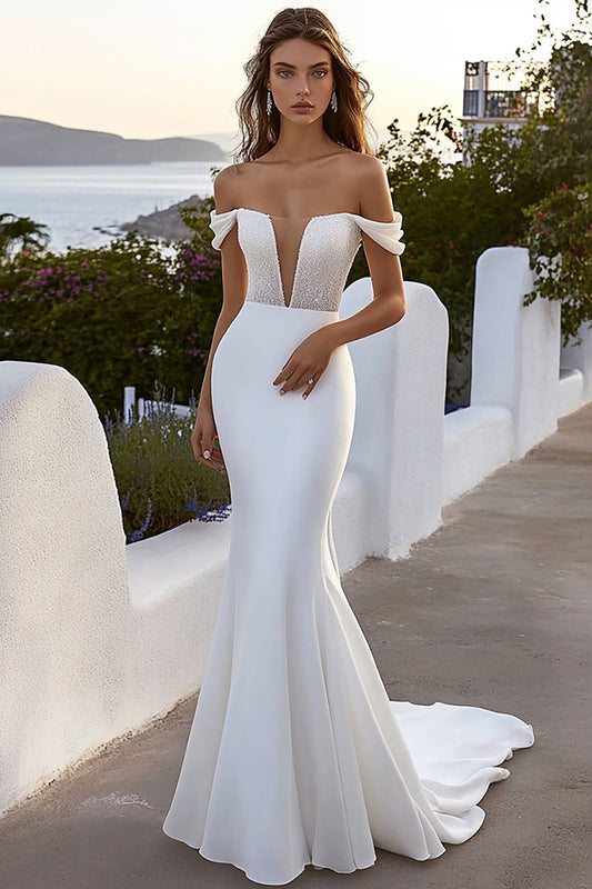 Ivory Off the Shoulder Mermaid Sweep Train Wedding Dress