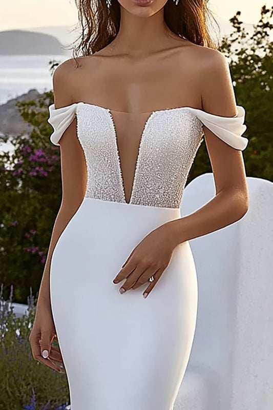 Ivory Off the Shoulder Mermaid Sweep Train Wedding Dress