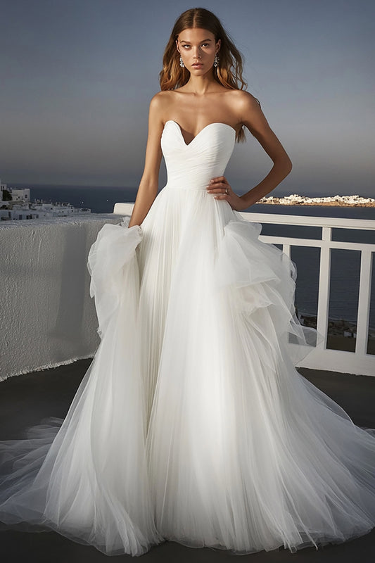 Ivory Tulle A Line Sweep Train Wedding Dress with Ruffles