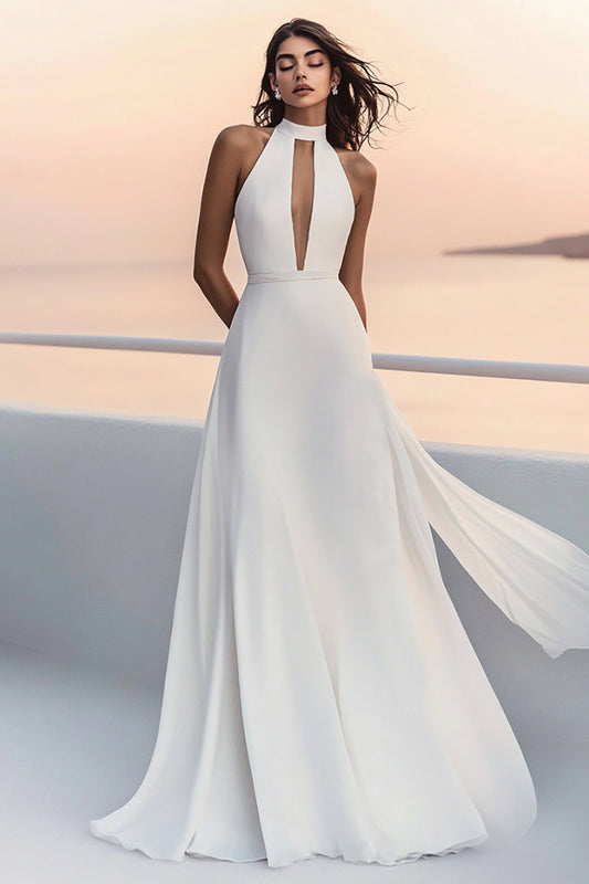 Ivory A Line Chiffon Keyhole Long Wedding Dress