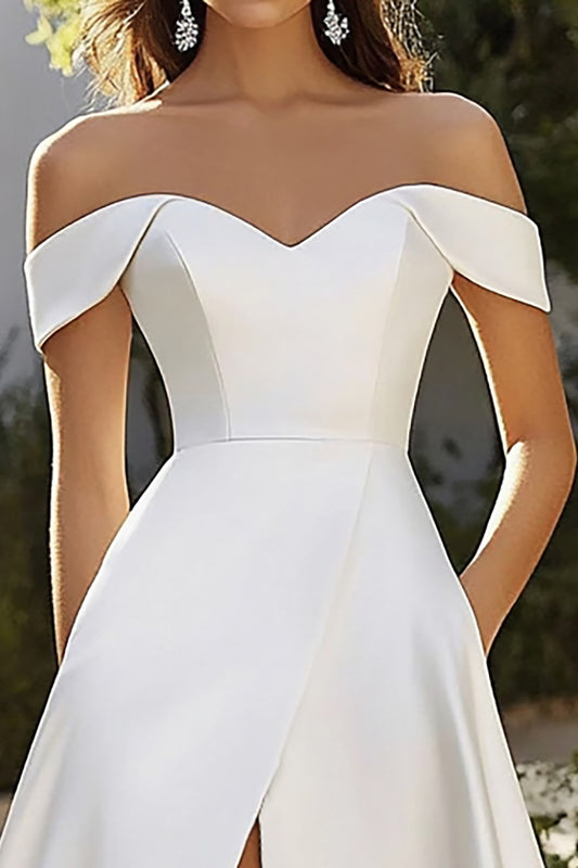 A Line Ivory Sweep Train Off the Shoulder Wedding Dress with Slit