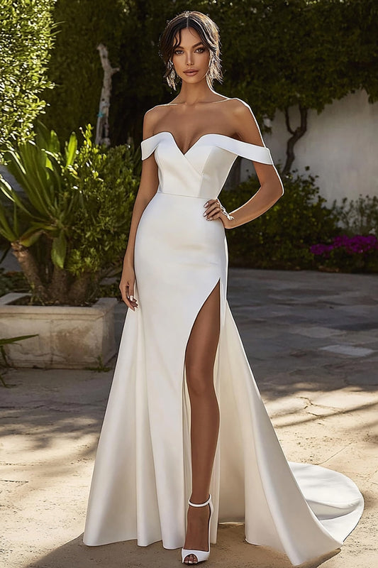Off the Shoulder Ivory Sweep Train Wedding Dress with Slit