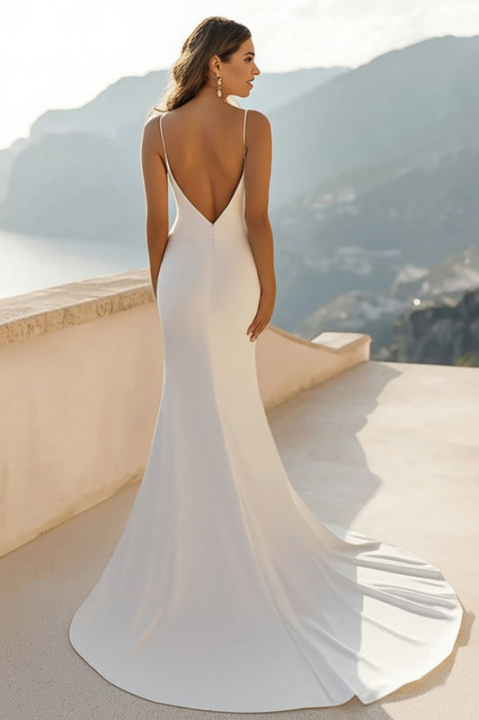 Ivory Deep V-Neck Mermaid Sweep Train Wedding Dress