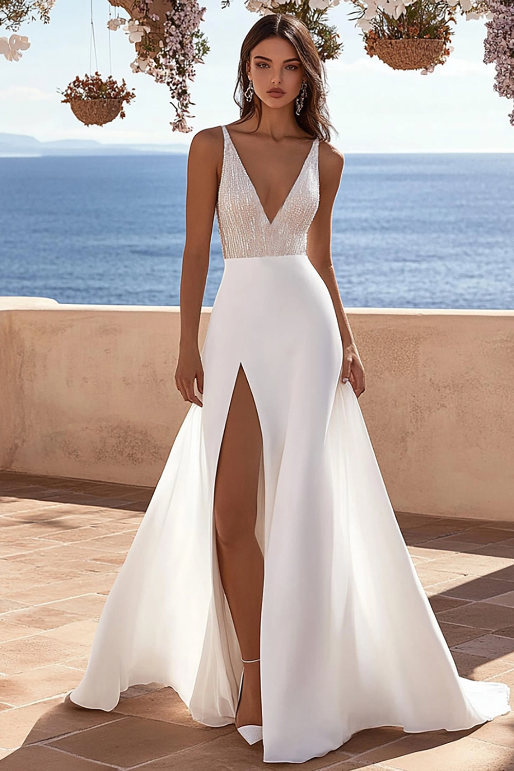 ZAPAKASA Women Ivory Chiffon Sweep Train Deep V-Neck Wedding Dress with Slit A Line Sparkly Long Bridal Dress ZAPAKASA Women Ivory Chiffon Sweep Train Deep V-Neck Wedding Dress with Slit A Line Sparkly Long Bridal Dress