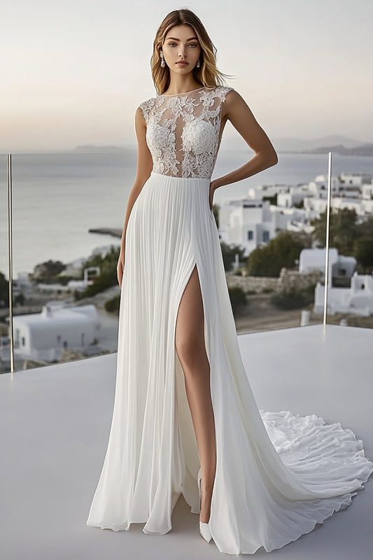 Ivory A Line Sweep Train Lace Chiffon Wedding Dress with Slit