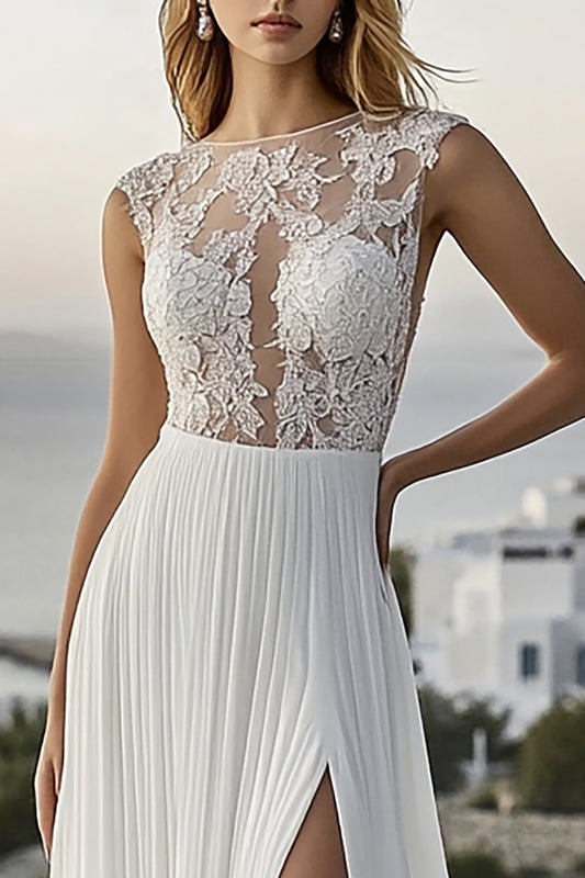 Ivory A Line Sweep Train Lace Chiffon Wedding Dress with Slit
