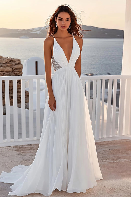Ivory A Line Sweep Train Deep V-Neck Chiffon Wedding Dress
