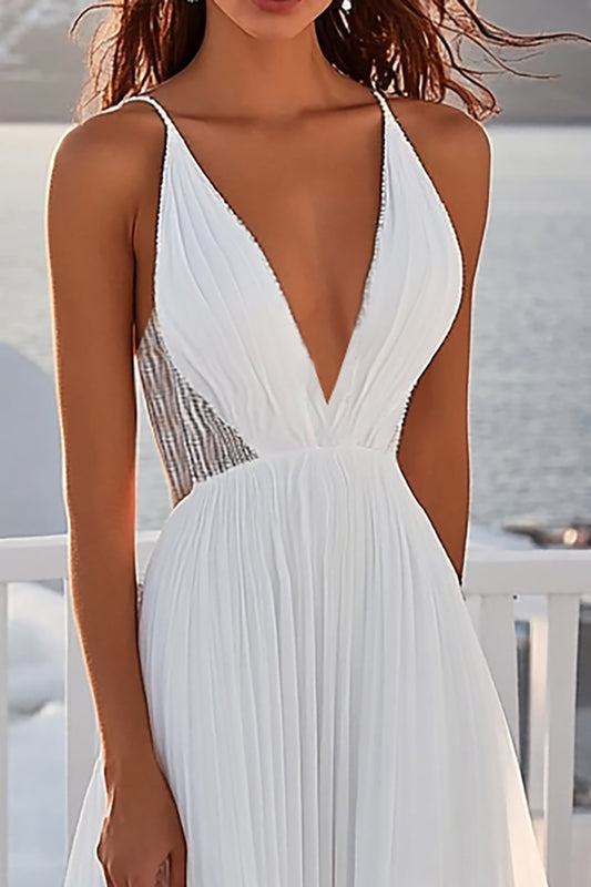 Ivory A Line Sweep Train Deep V-Neck Chiffon Wedding Dress