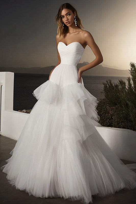 Ivory A Line Tulle Sweetheart Long Wedding Dress with Ruffles