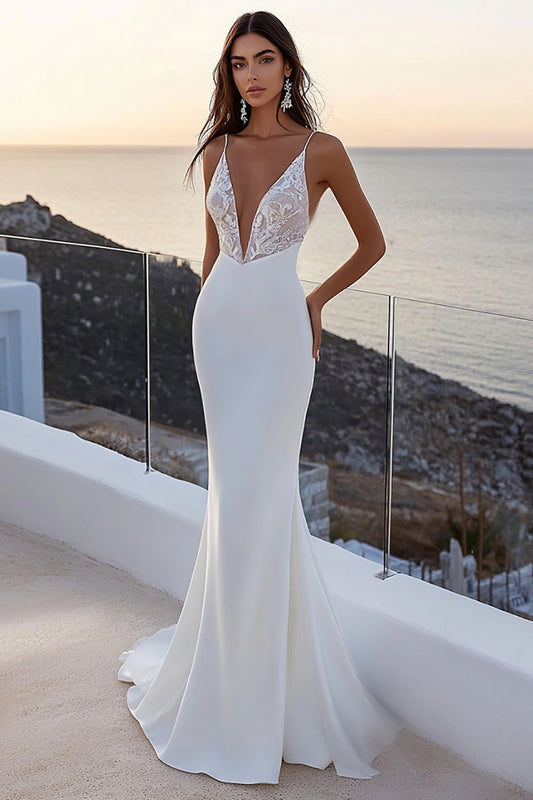 Ivory Deep V-Neck Sweep Train Mermaid Wedding Dress