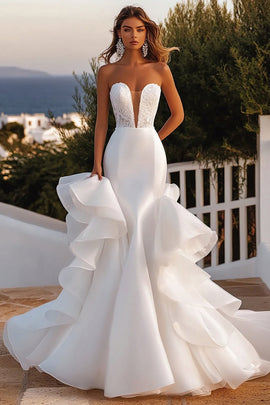 Ivory Mermaid Strapless Ruffled Organza Long Wedding Dress
