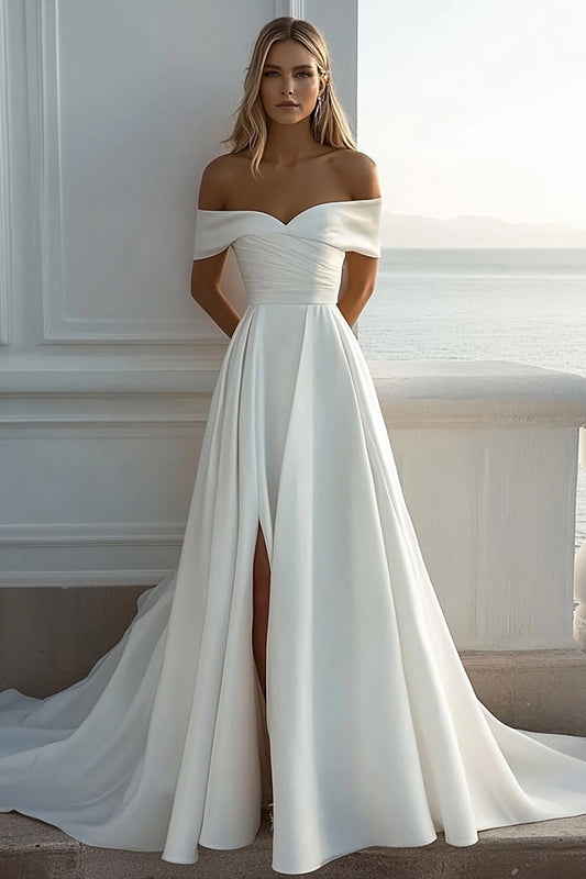 Ivory Satin Off The Shoulder A Line Long Wedding Dress With Slit
