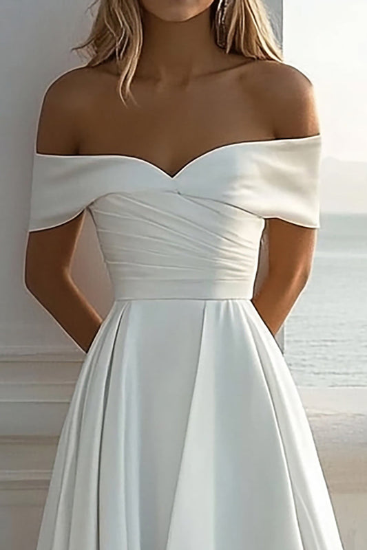 Ivory Satin Off The Shoulder A Line Long Wedding Dress With Slit