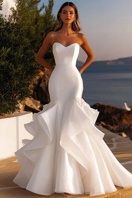Organza Mermaid Ivory Sweetheart Long Satin Wedding Dress
