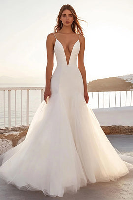 Mermaid Ivory Deep V-Neck Tulle Wedding Dress