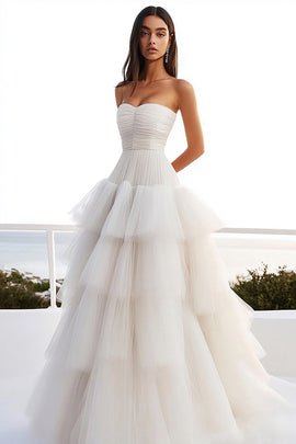 Ivory Tiered Tulle A Line Strapless Long Wedding Dress