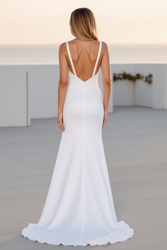 Ivory Crepe Spaghetti Straps A Line Long Wedding Dress With Slit