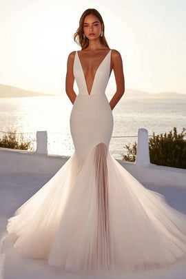 Ivory Deep V Neck Mermaid Tulle Long Wedding Dress