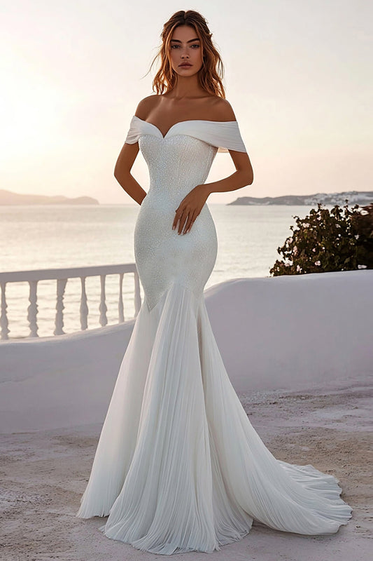 Ivory Off The Shoulder Mermaid Long Wedding Dress With Sequins