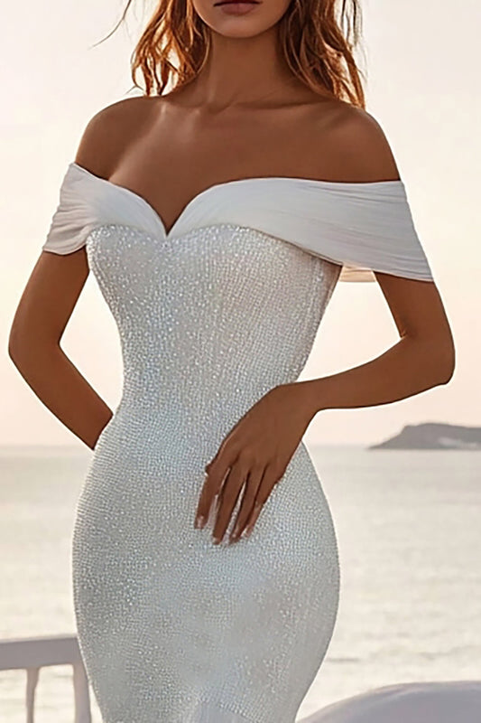 Ivory Off The Shoulder Mermaid Long Wedding Dress With Sequins