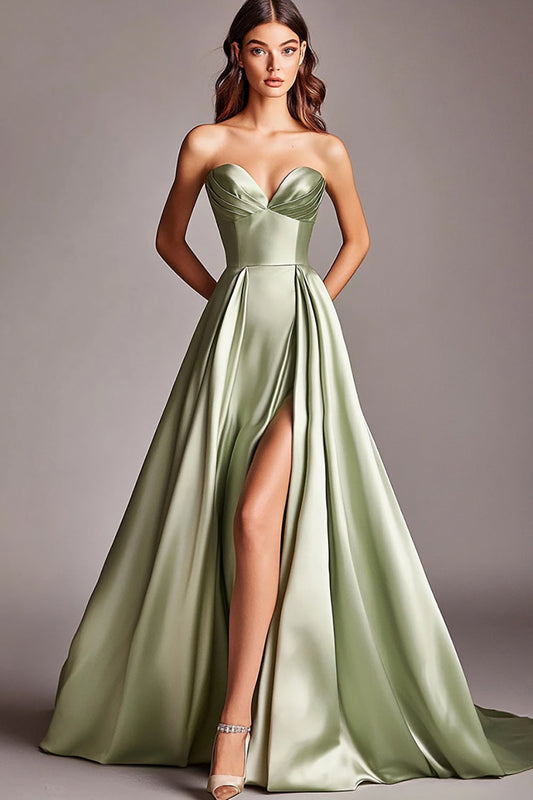 A Line Dusty Sage Satin Long Prom Dress with Slit