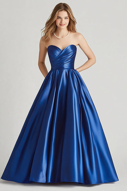 Sweetheart Dark Blue Ball Gown Long Satin Prom Dress